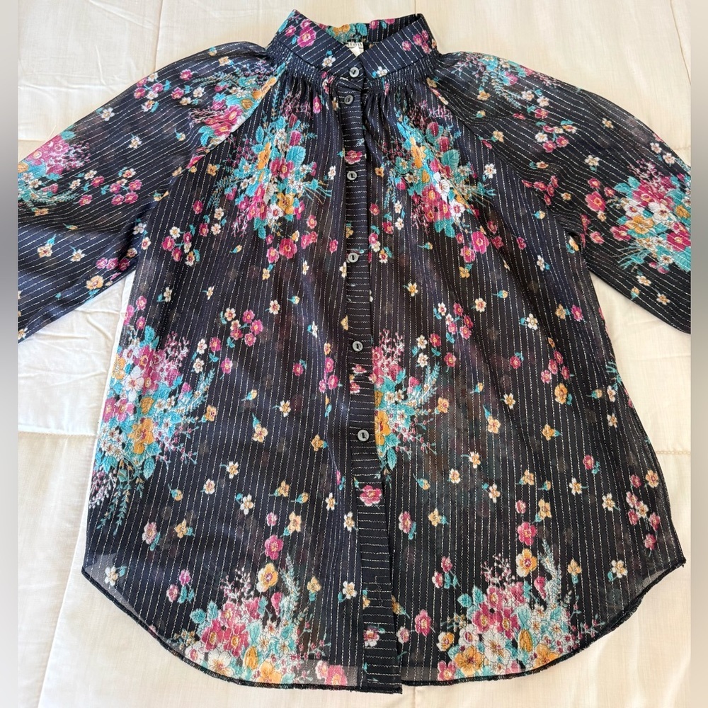 Vintage 90’s sheer black floral button front blouse top gold metallic large - Picture 9 of 12